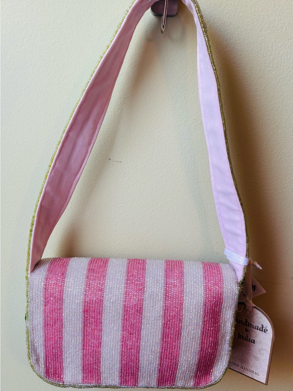 Viral Famous Tulip Handmade Pink Stripe Beaded Shoulder Bag - Picture 4 of 8